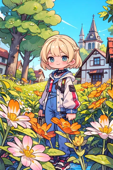 a girl standing in a field of flowers with a church in the background