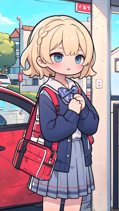 anime girl with a backpack standing in front of a red car