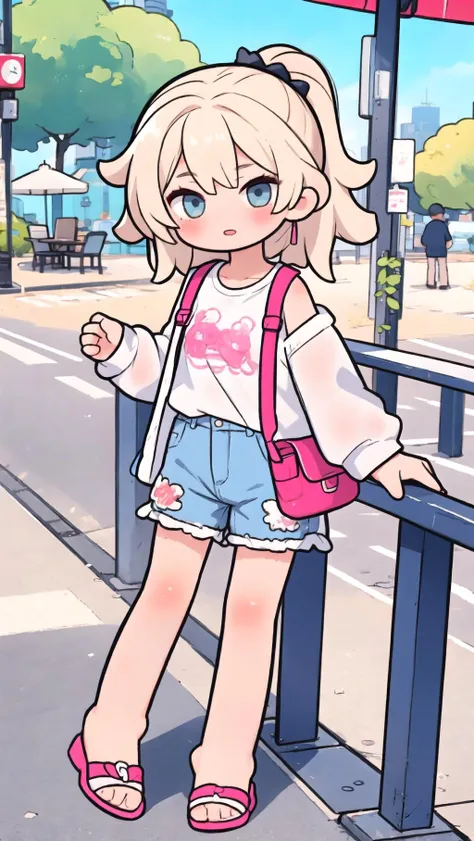 anime girl with blonde hair and blue eyes standing on a sidewalk