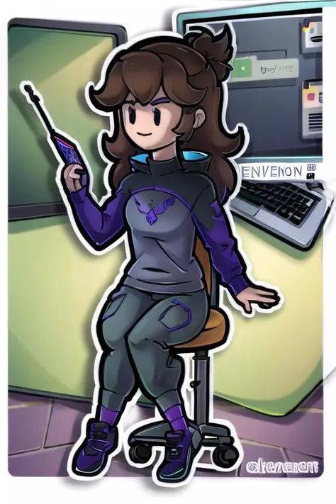 large sweater, cargo pants, purple eyes, sitting at a desk, computer, gamer chair, <lora:jaiden-vtuber-animefull-000004:0.8> <lora:PaperMario:1>