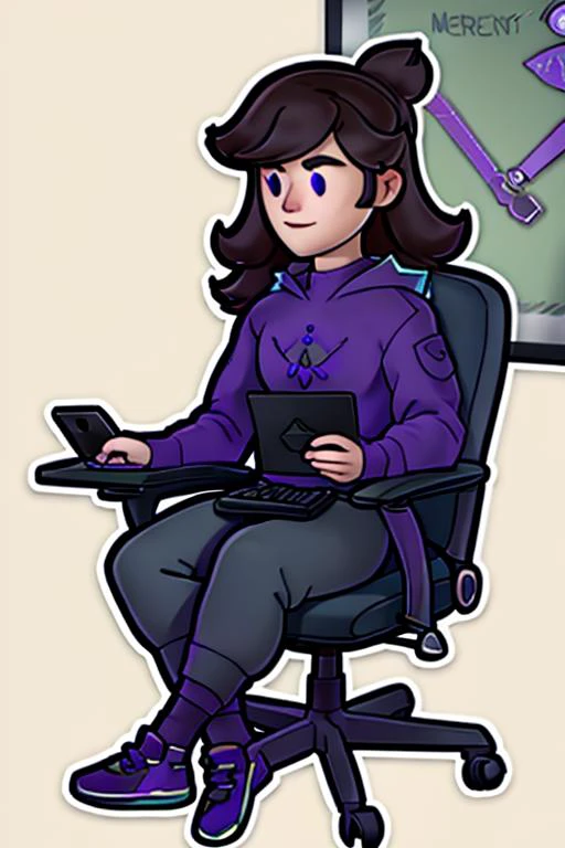 large sweater, cargo pants, purple eyes, sitting at a desk, computer, gamer chair, <lora:jaiden-vtuber-animefull-000004:0.8> <lora:PaperMario:1>