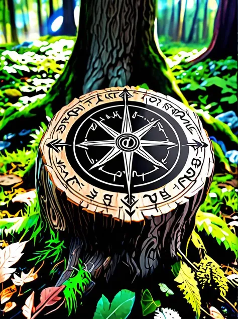 (magic sword in tree stump_, magical forest, deep woods bg, 4k, 8k, absurdres, magic circle, runes, engraving, detailed, cinematic, Algiz rune, mannaz rune, Eihwaz rune, Pertho rune, Norse compass, orbitgood-SDXL