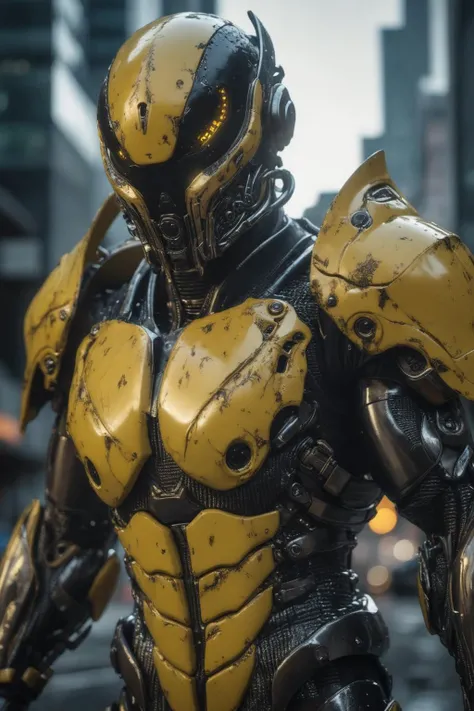 broken black chrome yellow bio-armor, biopunk, body-horror, wide angle, ((fighting)), action, epic, 8k, masterpiece, aesthetic, blurred background, bokeh, autofocus, no human, akira, blame, guyver