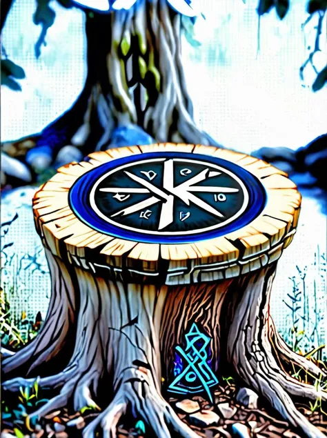 (magic sword in tree stump_, magical forest, deep woods bg, 4k, 8k, absurdres, magic circle, runes, engraving, detailed, cinematic, Algiz rune, mannaz rune, Eihwaz rune, Pertho rune, Norse compass, orbitgood-SDXL