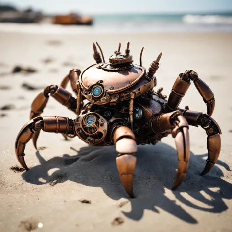 Closeup Photo, of  a mechanical crabs on the beach, steampunk, natural light