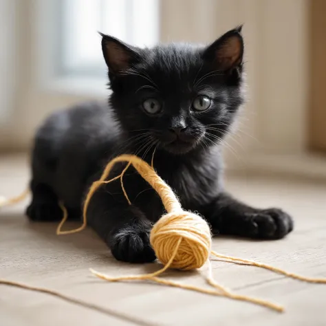 Closeup Photo, a black kitten, playing with a spool of wool,natural light