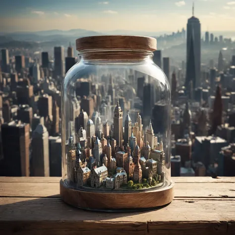 An entire city in a glass jar, angelic city, utopia, cinematic, film grain, glass jar inside a wooden crate,