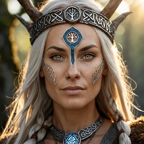 Closeup face photo, nordic druid woman, glowing runes, Yggdrasil background, natural light, Mjölnir logo