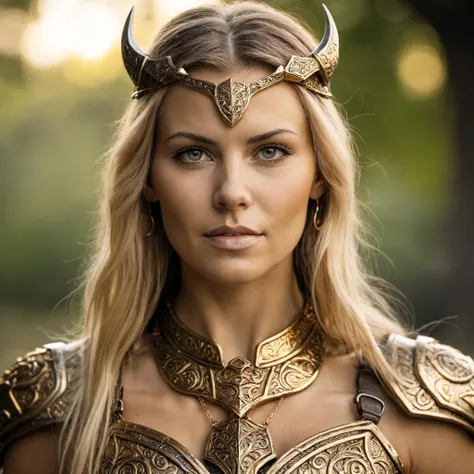 Closeup face photo, 20 years valkyrie, golden armour  ,(Mjölnir necklace ), Yggdrasil background, natural light