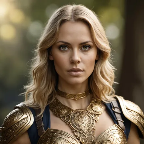 Closeup face photo, 20 years valkyrie, golden armour  ,(Mjölnir necklace ), Yggdrasil background, natural light