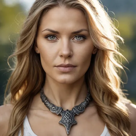 Closeup face photo, 20 years valkyrie woman ,(Mjölnir necklace ), Yggdrasil background, natural light