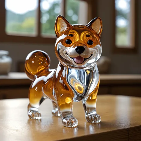 Closeup photo, of an glassblown figure of a  Shiba inu, on an oak table, natural light, reflections