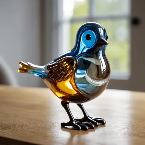 Closeup photo, of an glassblown figure of a cute bird, on an oak table, natural light, reflections