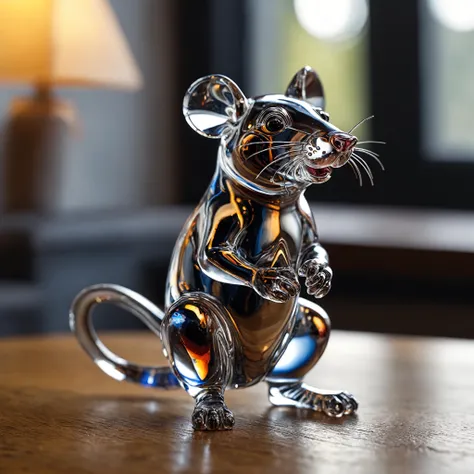 Closeup photo, of an glassblown figure of a cute rat, on an oak table, natural light, reflections