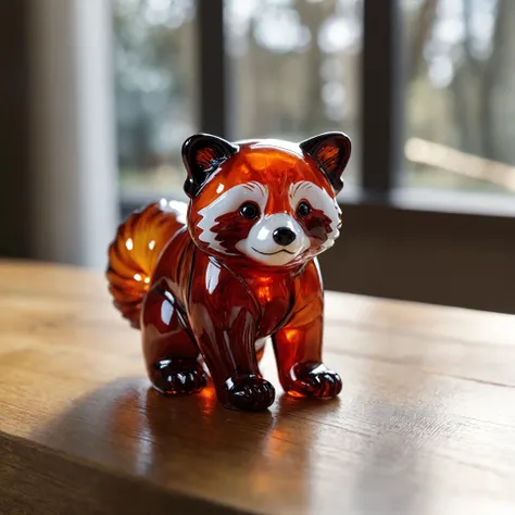 Closeup photo, of an glassblown figure of a  red panda, on an oak table, natural light, reflections