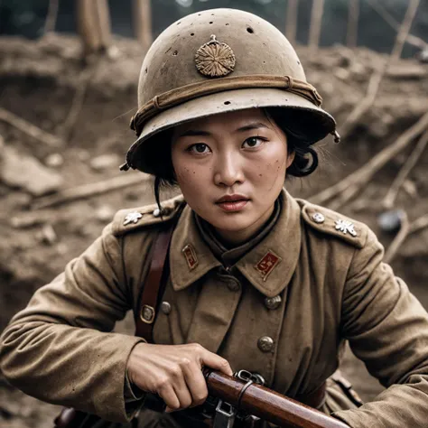 Closeup photo of a Chinese woman in a German WW1 uniform fighting in the trenches