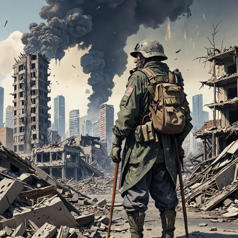 Ukiyoe, an old army soldier is standing in a destroyed city wearing post apocalyptic outfit, sad and crying about the destruction, nuklear blast in the background, text "no war"