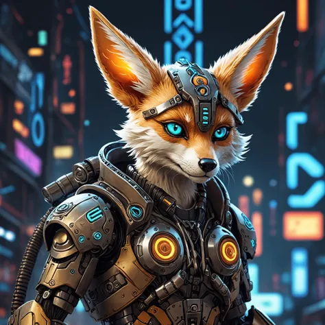 Anime Artwork, closeup cyberpunk viking fennec fox with robotic parts, epic background, glowing runes