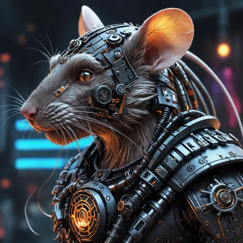 Anime Artwork, closeup cyberpunk viking Rat with robotic parts, epic background, glowing runes