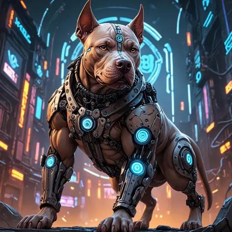 Anime Artwork, closeup cyberpunk viking pit bull with robotic parts, epic background, glowing runes