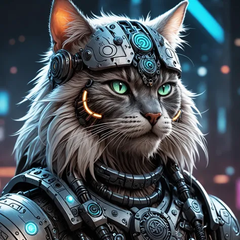 Anime Artwork, closeup cyberpunk viking cat with robotic parts, epic background, glowing runes