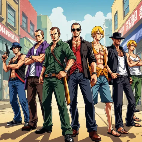 GTA V wallpaper in style of the one piece anime, epic pose, one piece Crew