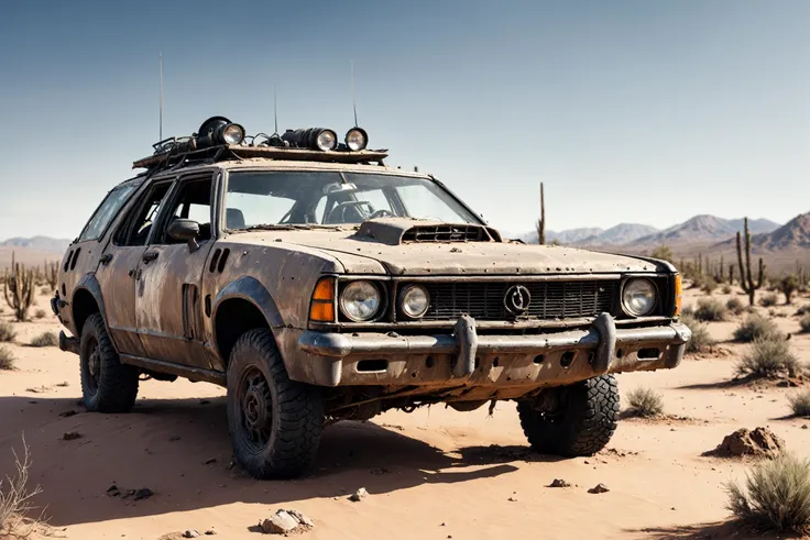 Closeup picture, post apocalyptic car in a desert landscape, natural light, dust<lora:EMS-303119-EMS:1.000000>