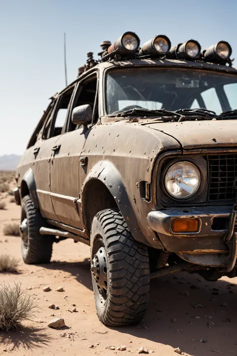 Closeup picture, post apocalyptic car in a desert landscape, natural light, dust<lora:EMS-303119-EMS:1.000000>