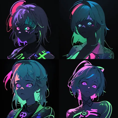 four different images of a girl with glowing eyes and hair