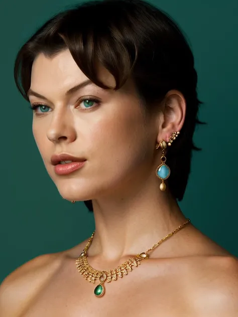 A beautiful m1ll4j woman, 1girl,solo,looking at viewer,short hair,simple background,brown hair,white background,bare shoulders,jewelry,green eyes,earrings,parted lips,teeth,lips,head tilt,blue background,portrait,realistic,soft lighting, professional Photo...