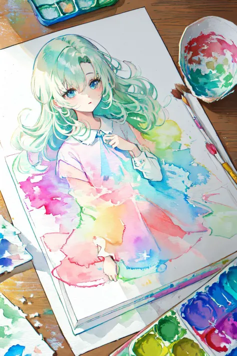 painting of a girl in a dress with a brush and watercolor paints