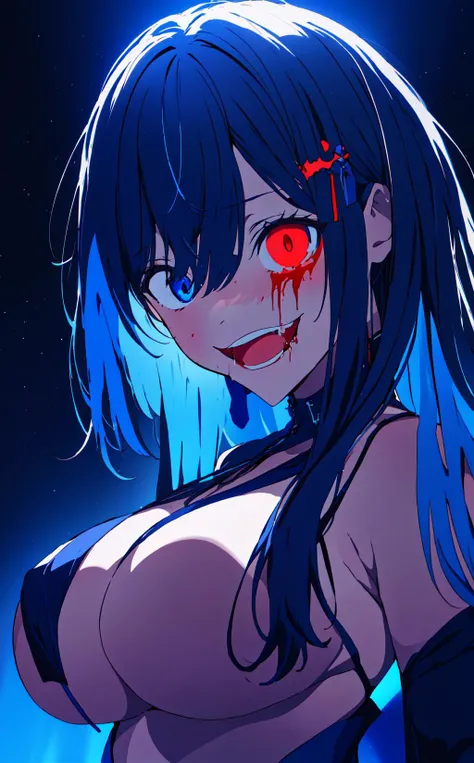 i am living in a hell , blue themed , dark theme , hell girl , scars ,blood, big boobs , constricted pupils, small pupils, laughing 