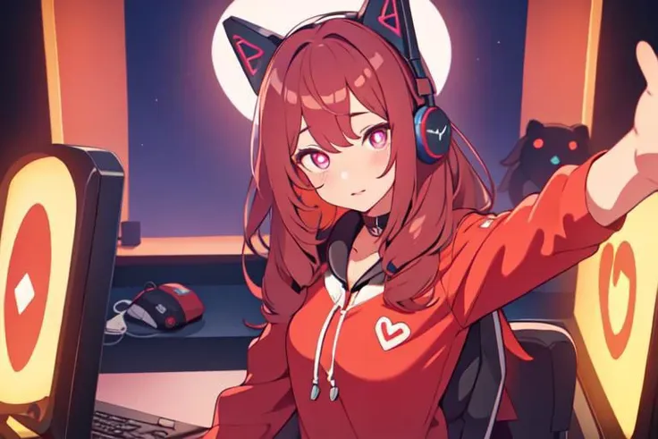 , a cute girl, tiktok,headphones, beutiful face, selfie ,gamer girl ,gaming pc ,playing game symbol-shaped pupils, heart-shaped pupils, expressionless, mind control(,HypHarem)