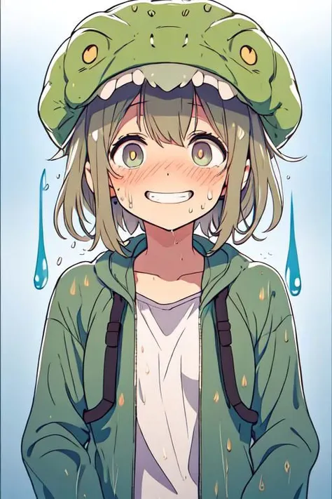 a cartoon picture of a girl with a green hat and a green jacket