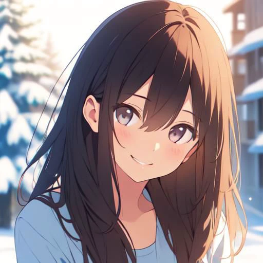 a girl smiling slightly, head tilted up, front view, (upper body shot: 1), close up shot, snowy background