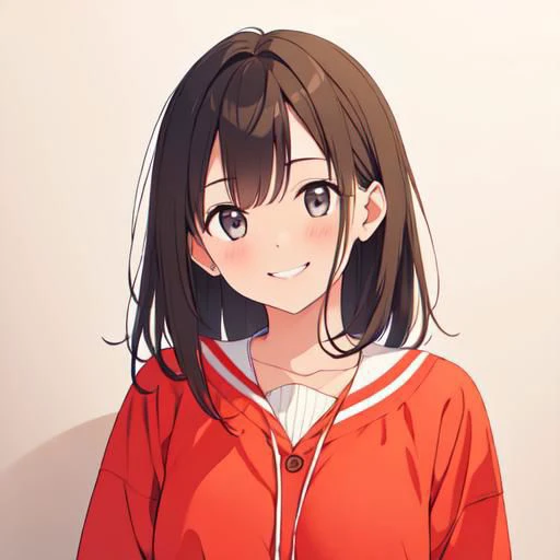 anime girl in red jacket with long hair and white shirt