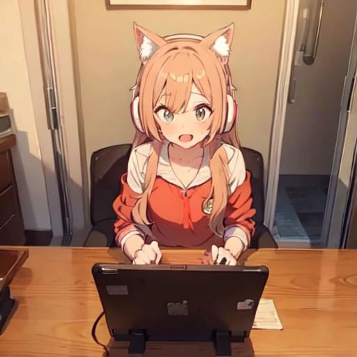 anime character sitting at a desk with a laptop computer