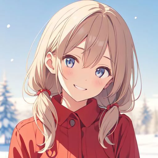 a girl smiling slightly, head tilted up, front view, (upper body shot: 1), close up shot, snowy background