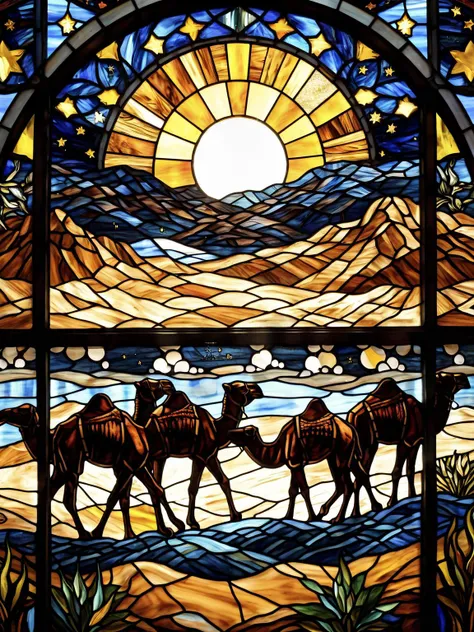 stained-glass, A unique stained glass window illustrating a desert landscape with a caravan of camels under a starry night sky <lora:DD-stained-glass-v1-XL:1>,dynamic, cinematic, masterpiece, intricate, hdr,