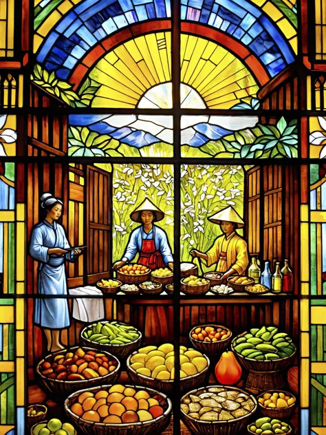 stained-glass, A stained glass depiction of a vibrant street market from a bustling, colorful city in Southeast Asia <lora:DD-stained-glass-v1-XL:1>,dynamic, cinematic, masterpiece, intricate, hdr,