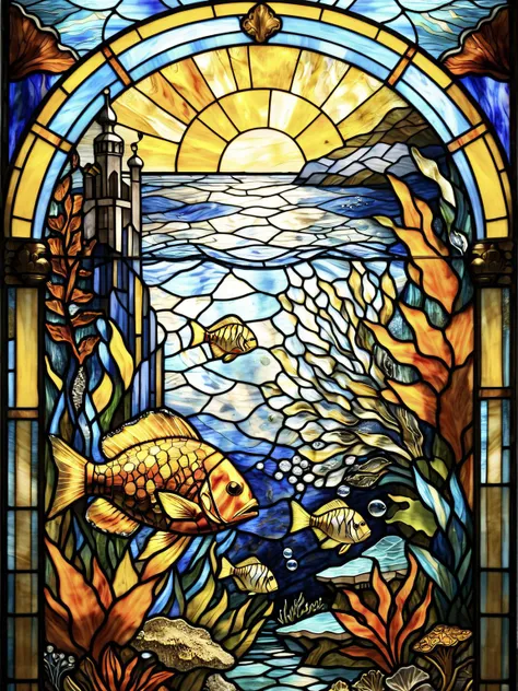 stained-glass, A stained glass artwork capturing an underwater world with coral reefs, diverse marine life, and a submerged city <lora:DD-stained-glass-v1-XL:1>,dynamic, cinematic, masterpiece, intricate, hdr,