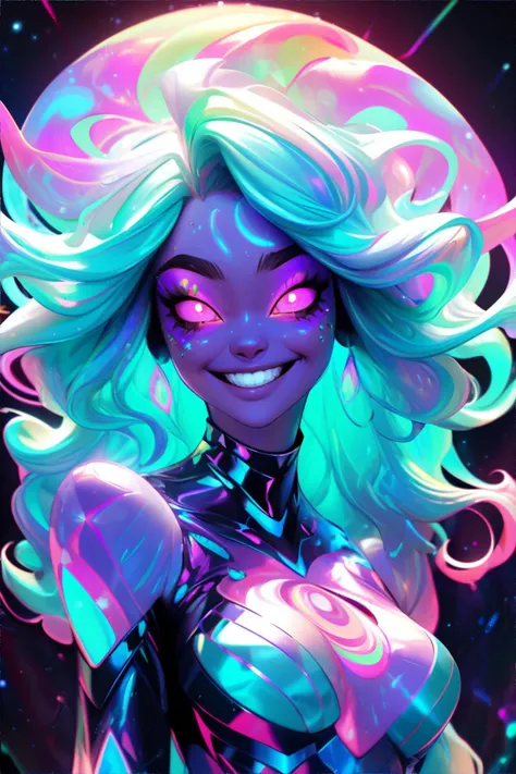 <lora:glowingnightmare:0.6>, GlowingNightmare, woman wearing Celestial fairy-inspired holographic bodysuits with cosmic prints, smile, glowing || masterpiece, perfect quality, sharp focus, shallow depth of field, 8k