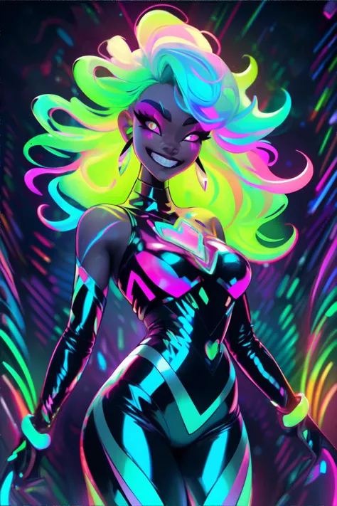 <lora:glowingnightmare:0.6>, GlowingNightmare, woman wearing Holographic iridescent leggings with neon patterns, smile, neon colors, glowing || masterpiece, perfect quality, sharp focus, shallow depth of field, 8k