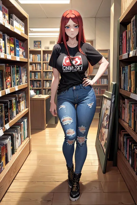 1gir,uzumaki kushina,red hair,big breast,blue eyes,80s style video rental store, shelves stocked with vhs tapes and posters of t...