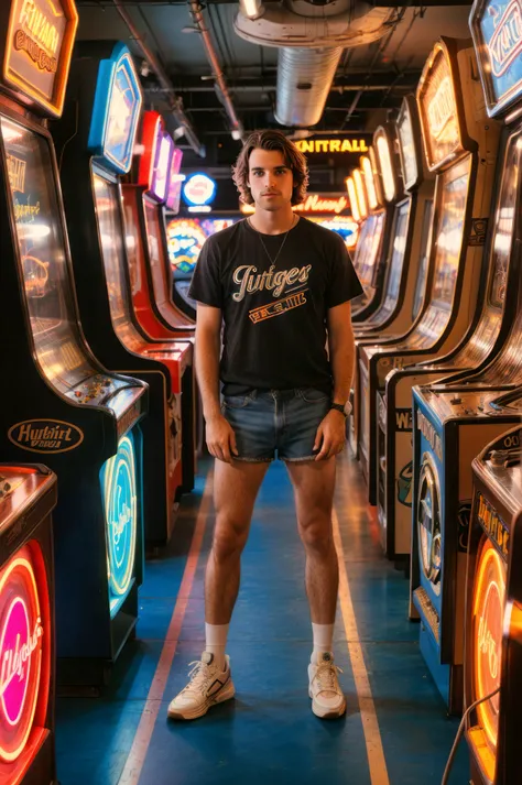 vintage 80s photo of a man, musician type, with dark brown hair Rat tail, Hypercolor T-shirt, mesh shorts, LA Lights sneakers, (80s style Arcade Parlor, Dimly lit, with rows of pinball machines, air hockey tables, and the constant clinking of quarters), fa...