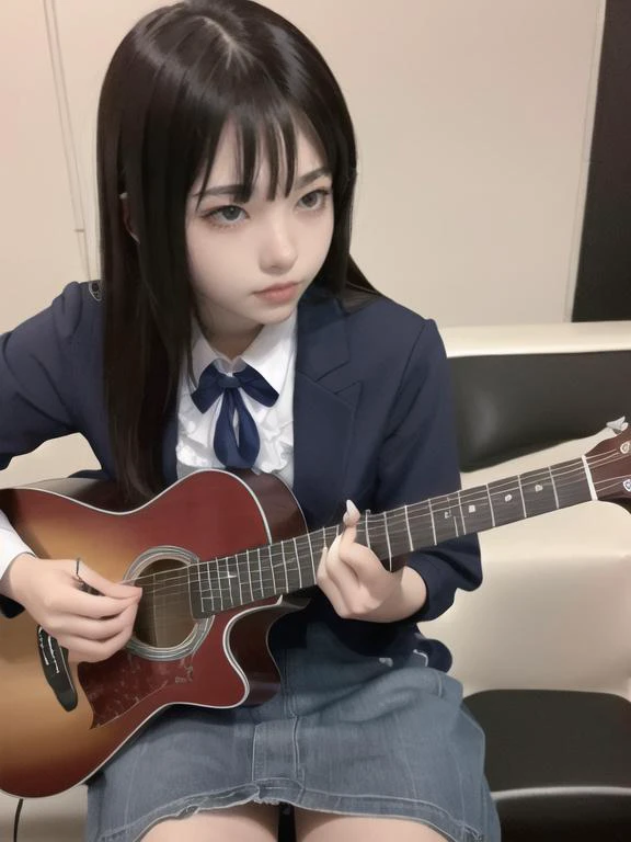 night, club, (playing guitar:1.3), 1girl, cowboy shot, face focus,school uniform, 8k, RAW photo, best quality, masterpiece,realistic, photo-realistic, <lora:sd-No.166:0.8>, sitting, chair, black kneehighs, 
beautiful eyes, beautiful and cute girl,