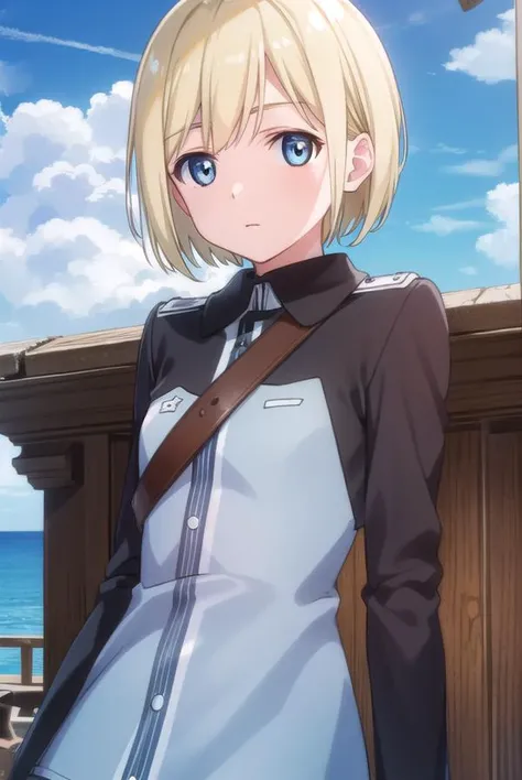 ericahartmann, <lora:erica hartmann anime-lora-nochekaiser:1>,
erica hartmann, short hair, blue eyes, blonde hair, bob cut,
BREAK uniform, military, military uniform,
BREAK outdoors, ship, ocean, sun, sky, clouds,
BREAK looking at viewer, (cowboy shot:1.5)...