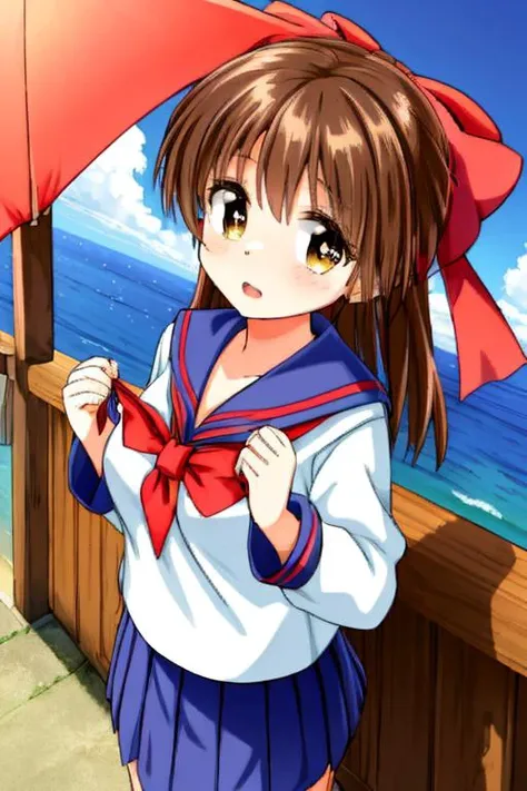 masterpiece, best quality,ultra detail, <lora:anmnr01:0.3> <lora:add_detail:0.5>,<lora:GoodHands-vanilla:0.8>,1girl,yoshinaga,outdoor,strong wind,red large bow,brown hair,summer sailor uniform,join hands,middle breasts,on ship deck, navy skirt,<lora:kirika...