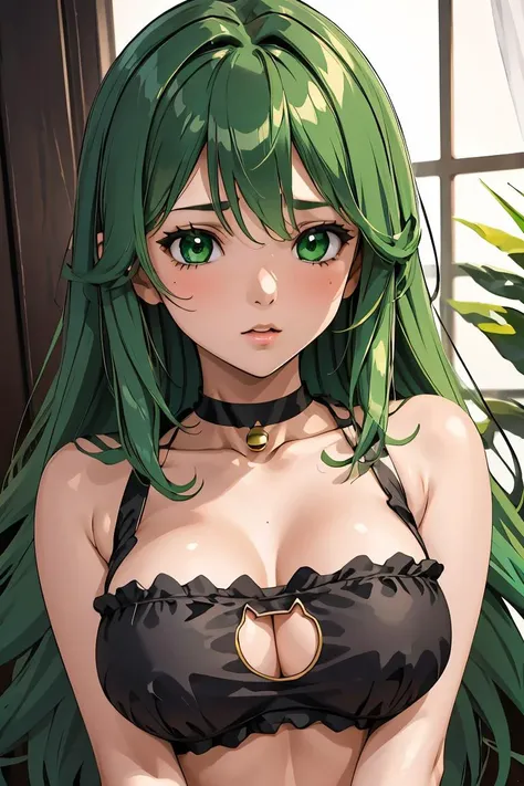 (masterpiece, best quality), 1girl,  Emerald Green Long Wavy Hair with Deep Side Part, Size H breasts,  <lora:attire_catlingerie:1> catlingerie, choker, neck bell