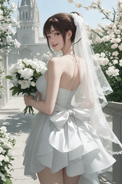 a woman in a wedding dress holding a bouquet of flowers